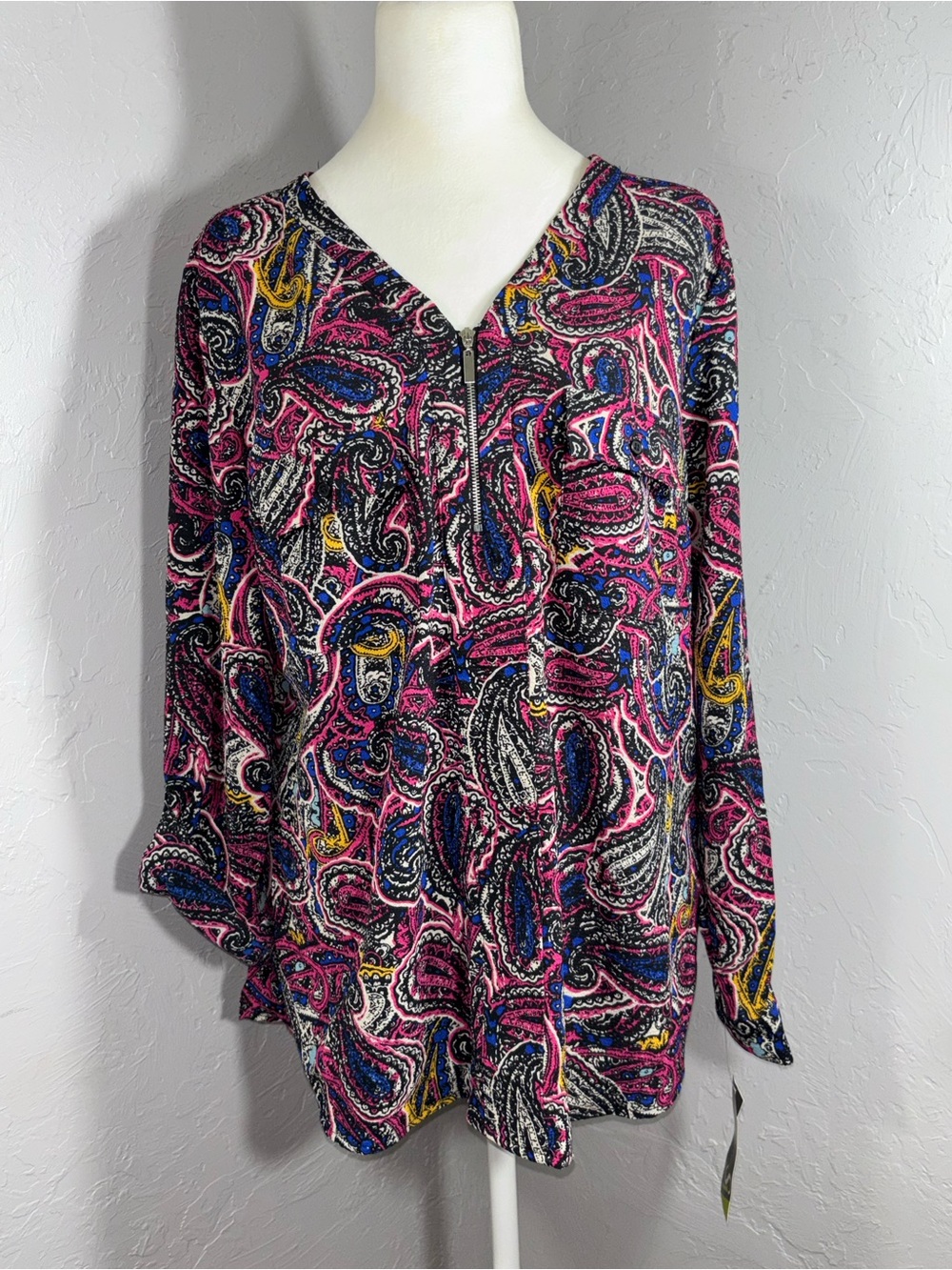 Valerie Stevens Pink Paisley Zip-Front Blouse with Blue & Yellow Accents